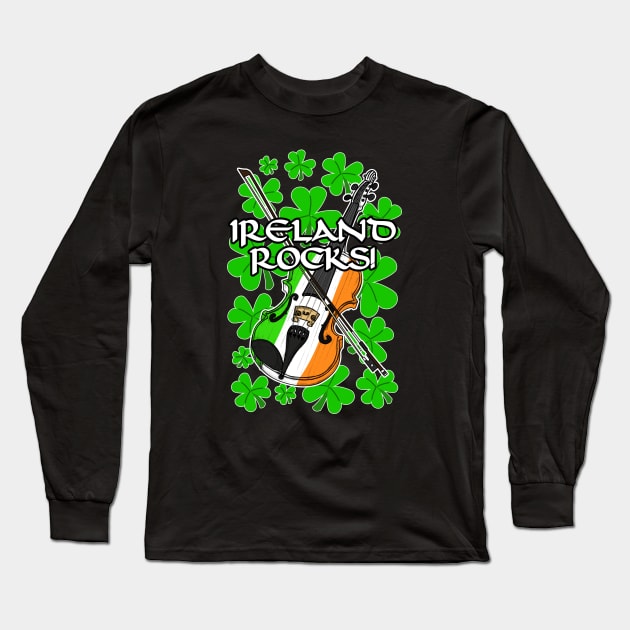 Ireland Rocks Fiddle Irish Flag St Patrick's Day Long Sleeve T-Shirt by doodlerob